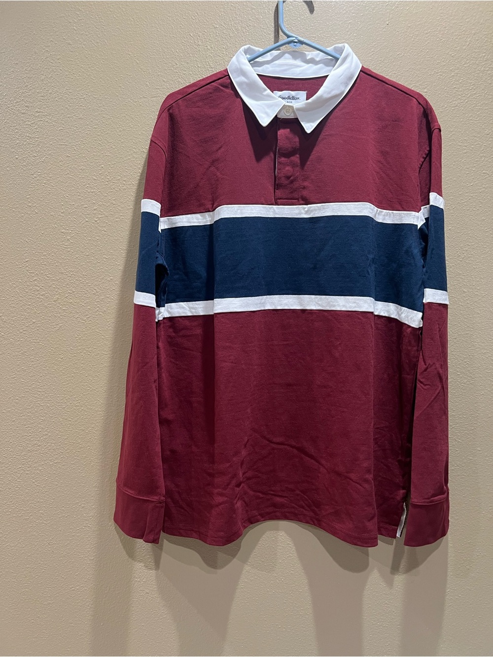 Goodfellow & Co Burgundy, Navy and White Long-Sleeve Rugby Polo brand new size L